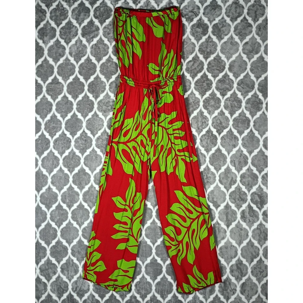 Hula Bay Jumpsuit Womens Medium Red Green Strapless Wide Leg Tropical Leaf Tiki - Picture 7 of 16